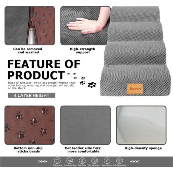 High Density Foam Dog Steps 4 Tiers,Extra Wide Deep Pet Steps,Non-Slip Pet Stair - Picture 6 of 7